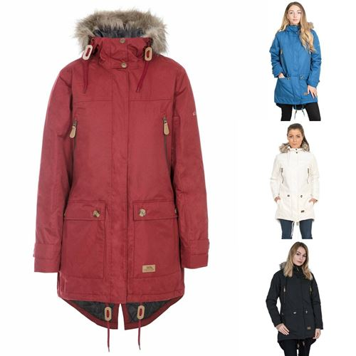 Red Trespass Clea Waterproof Parka Jacket with fur hood on a white background, surrounded by other color variations.