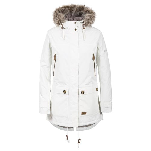 White Trespass Clea Waterproof Parka Jacket with fur hood on a white background