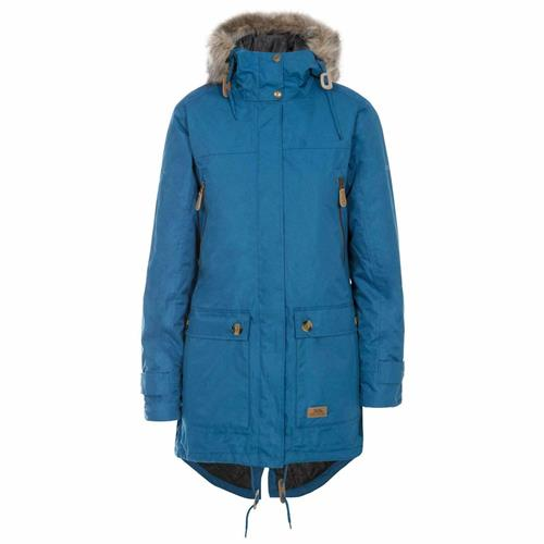 Blue Trespass Clea Waterproof Parka Jacket with fur-lined hood on a white background