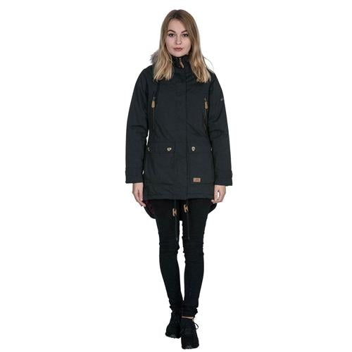 Woman wearing a black Trespass Clea Waterproof Parka Jacket and pants on a white background
