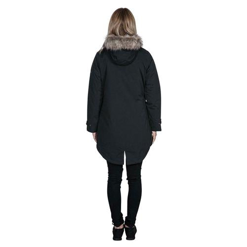 Person wearing a black Trespass Clea Waterproof Parka Jacket with fur hood on a white background