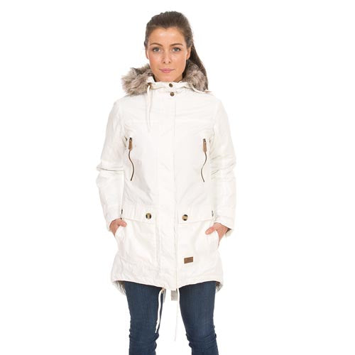 Woman wearing a white Trespass Clea Waterproof Parka Jacket with fur hood on a white background