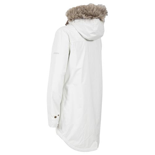 White Trespass Clea Waterproof Parka Jacket with fur-lined hood on a white background