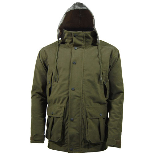 Hunter Green Game EN207 Stealth Jacket with fur-lined hood on a white background
