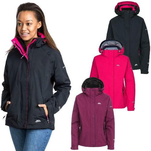 Woman wearing a black and pink jacket with additional jackets displayed below on a white background.
