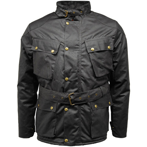 Game Speedway Quilted Wax Biker black jacket with gold buttons on a white background