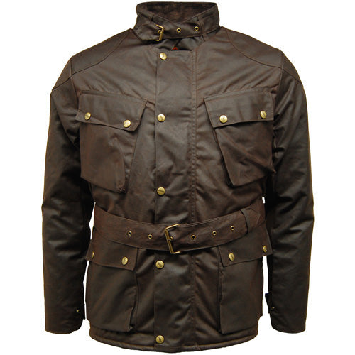 Game Speedway Quilted Wax Biker brown jacket with gold buttons on a white background