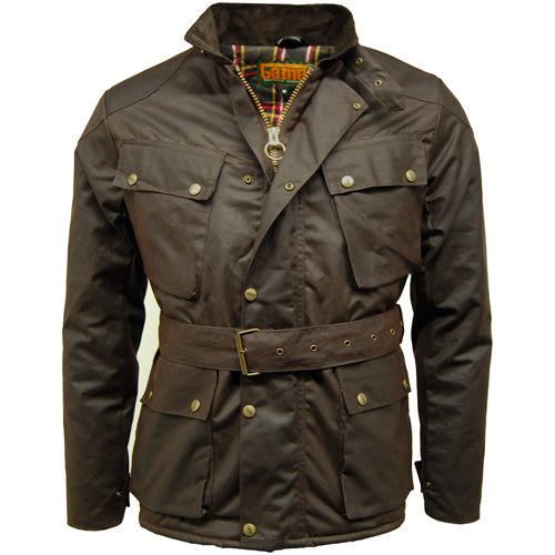Game Speedway Quilted Wax Biker brown jacket with plaid lining on a white background