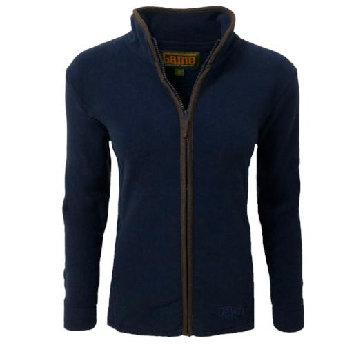 Navy blue Ladies Game Penrith Fleece Jacket with brown zipper on a white background