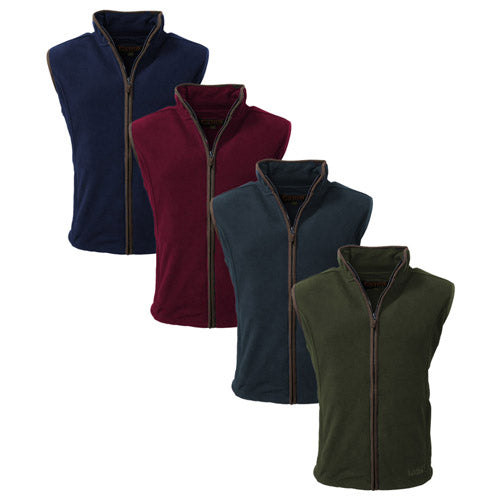 Four Men's Game Stanton Fleece sleeveless Gilet with a zippers in navy, maroon, gunmental grey, and forest green on a white background