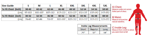 Size guide chart for men's clothing with measurements in inches and centimeters, and a red figure illustration.
