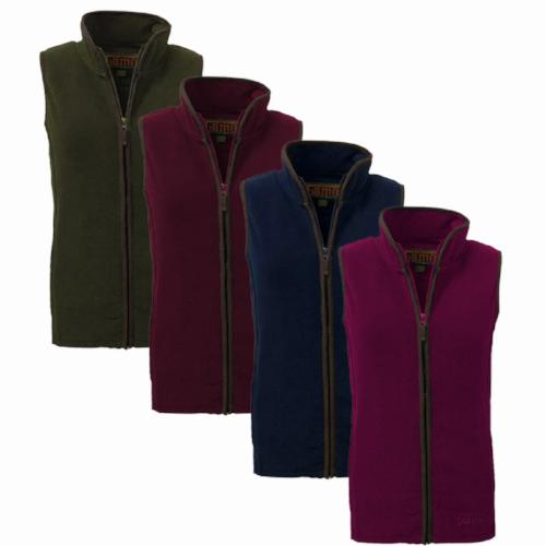 Four Ladies Game Penrith sleeveless Fleece Gilets with a zippers in forest green, rose, navy blue, and maroon on a white background