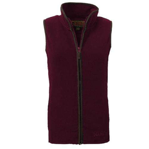 Maroon Ladies Game Penrith sleeveless Fleece Gilet with a zipper on a white background