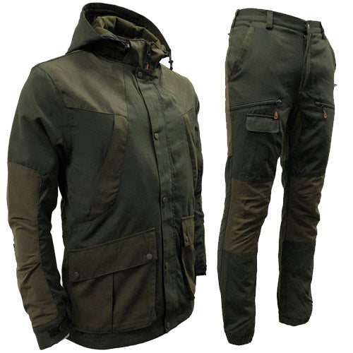 Green hunting jacket and pants set on a white background