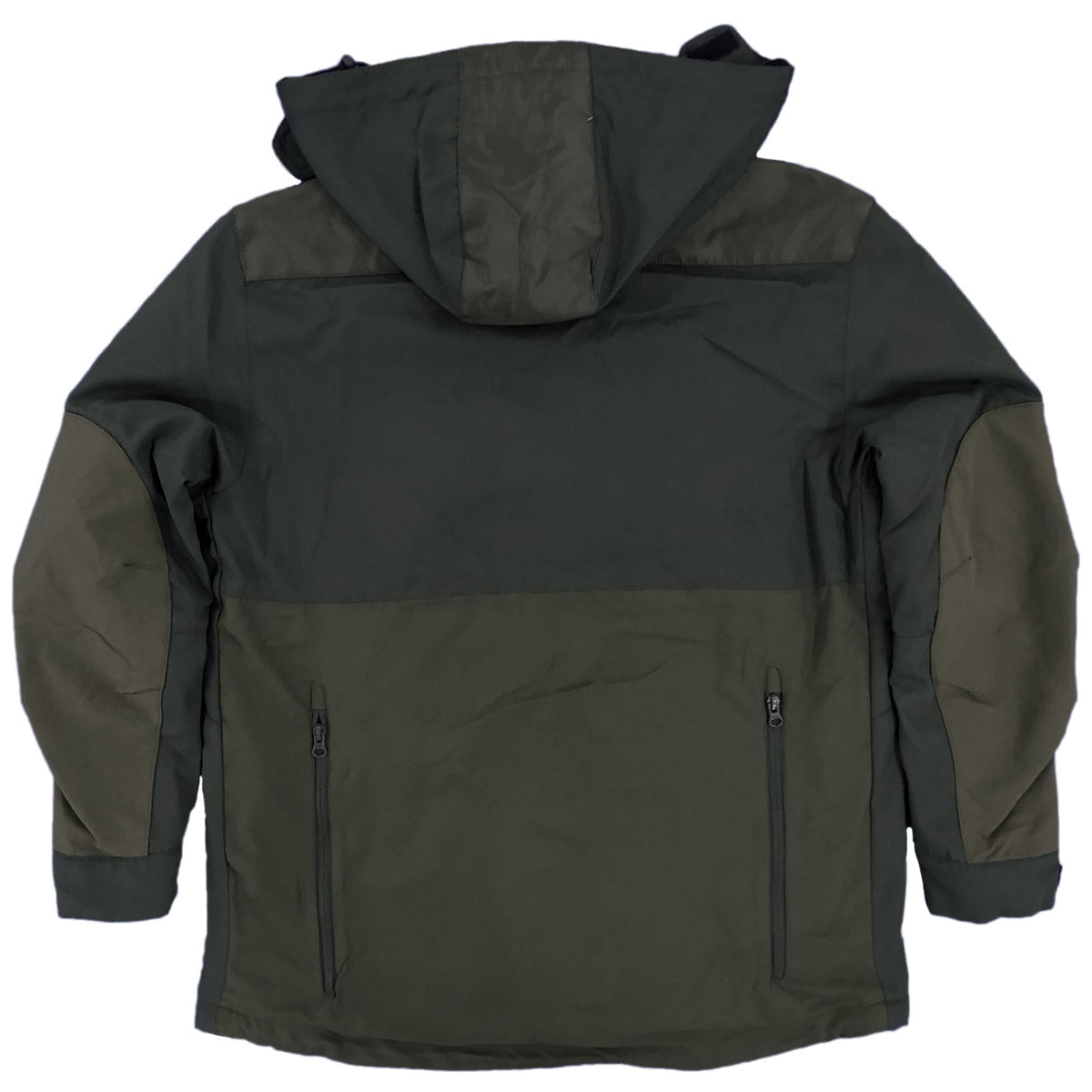 Green and black jacket with a hood on a white background