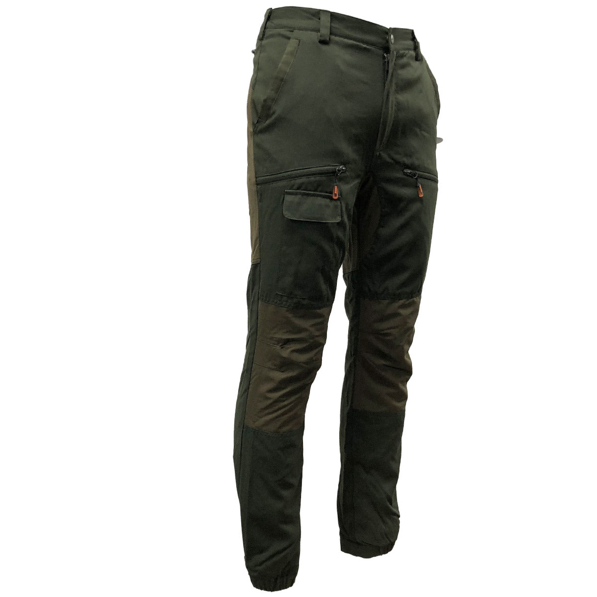 Green hunting pants with multiple pockets on a white background