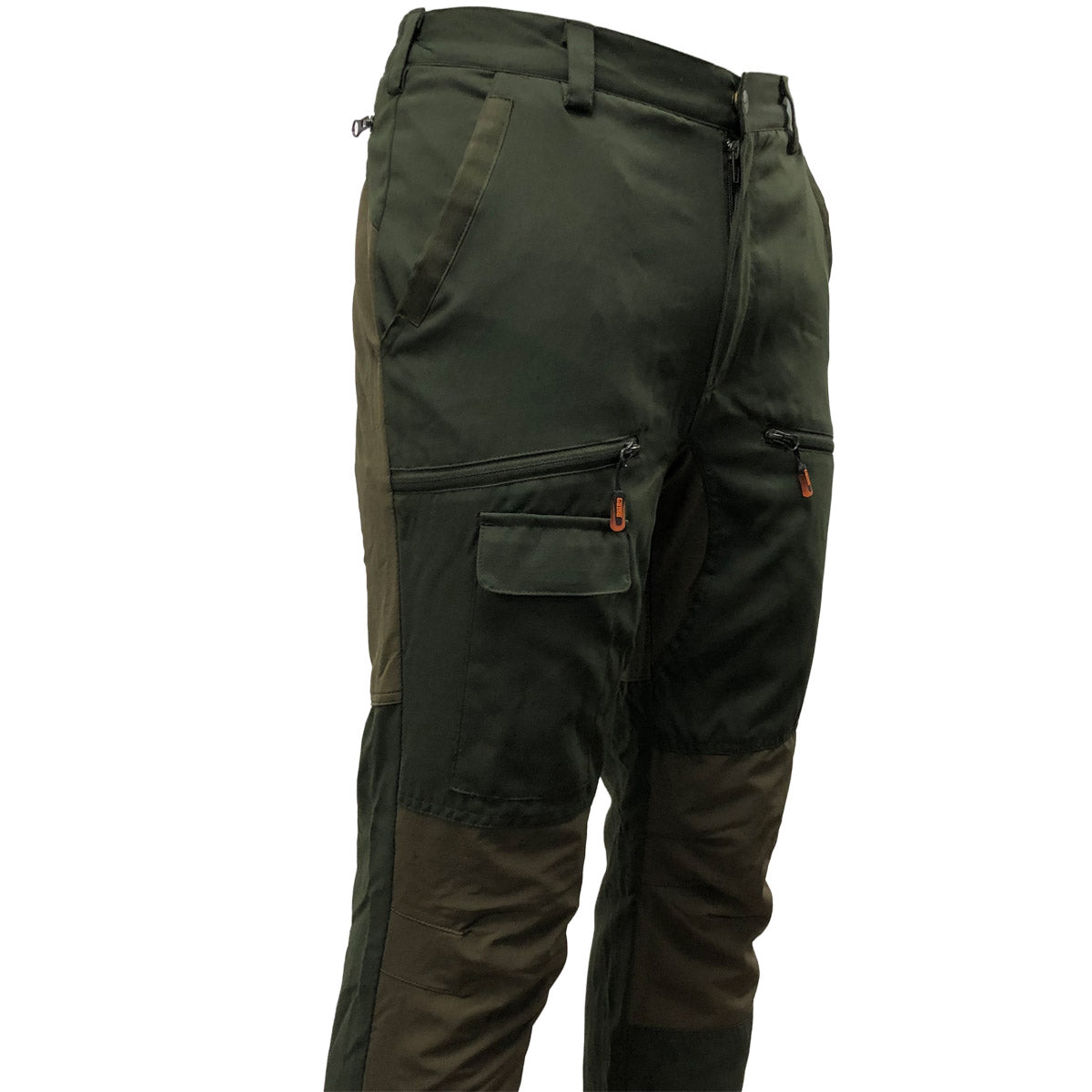 Green hiking pants with multiple pockets on a white background