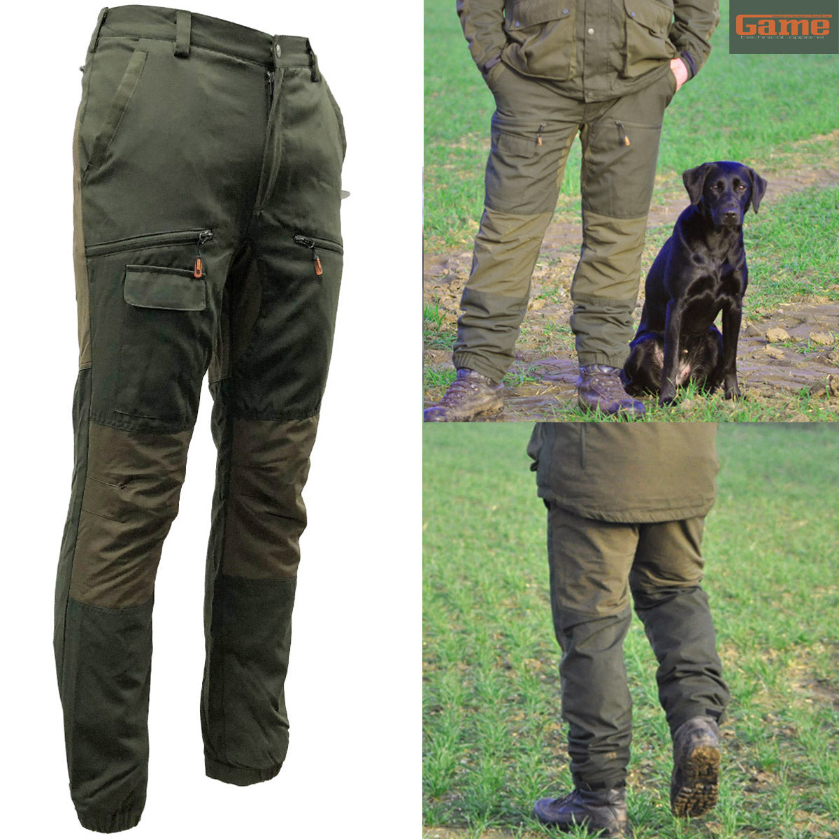 Green hunting pants with a person wearing them and a dog in an outdoor setting.