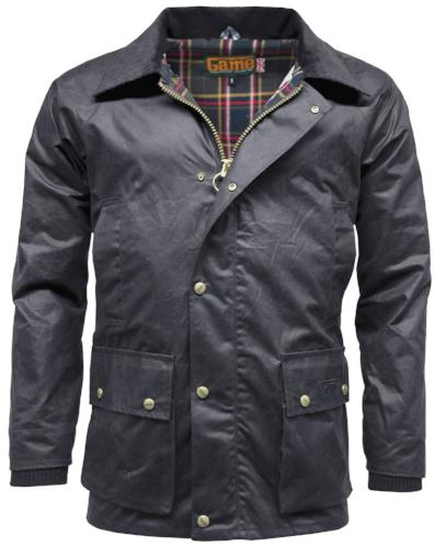 Navy Game Barker Antique Wax Jacket with plaid lining on a white background