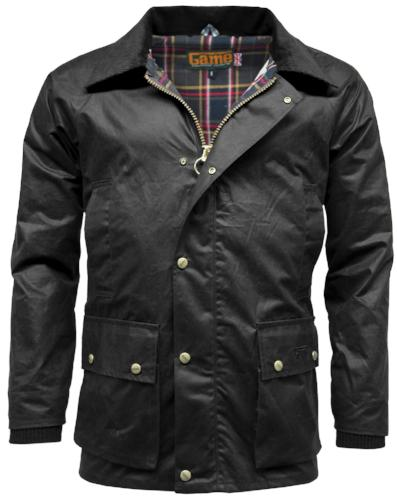 Black Game Barker Antique Wax Jacket with plaid lining on a white background