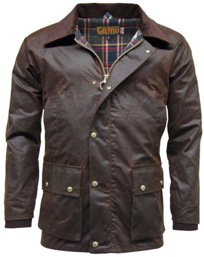 Brown Game Barker Antique Wax Jacket with plaid lining on a white background