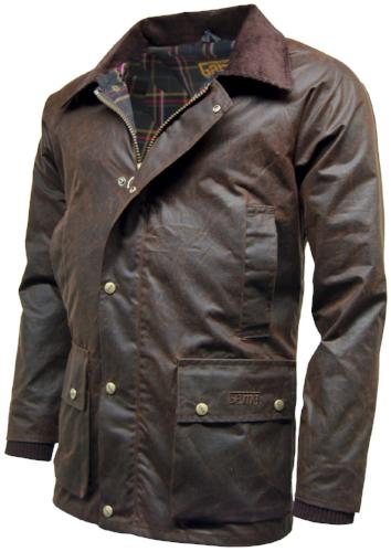 Brown Game Barker Antique Wax Jacket with plaid lining on a white background