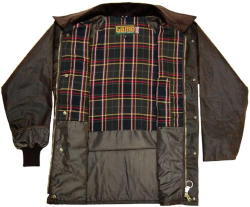 Brown Game Barker Antique Wax Jacket with plaid pattern on a white background