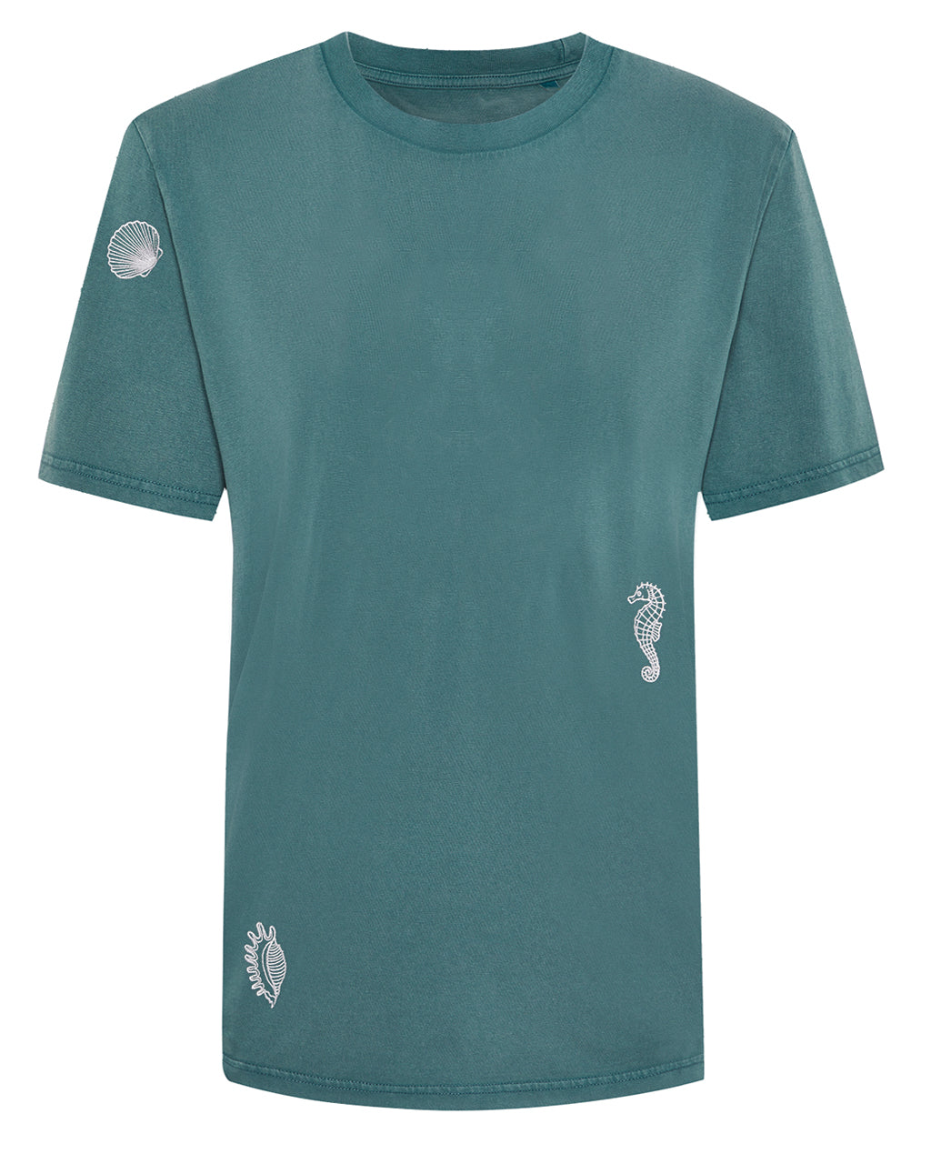 Shell Embroidered T-Shirt in Teal – 100% Organic Cotton with white seahorse designs on a white background