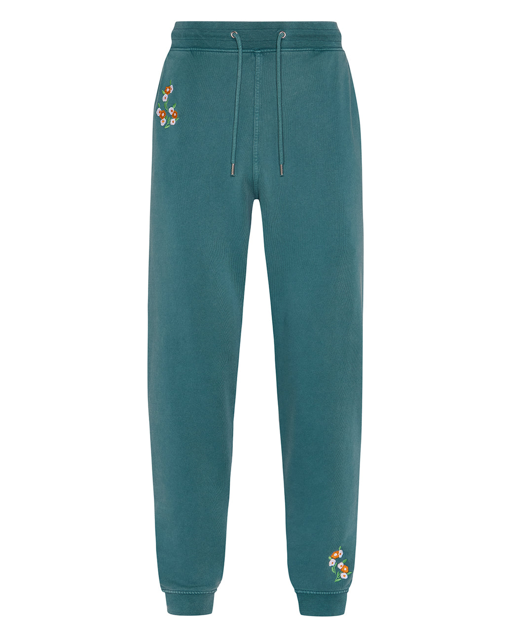 Luxurious Floral Embroidered Joggers in Teal - 100% Organic Cotton on a white background