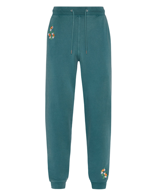 Luxurious Floral Embroidered Joggers in Teal - 100% Organic Cotton on a white background