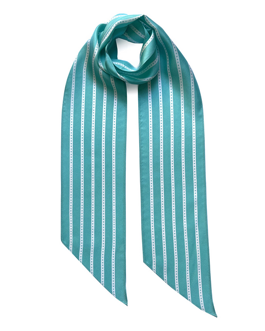 Luxurious Star Striped Turquoise Silk Neck Scarf - 100% Pure Silk Satin, Made in England on a white background