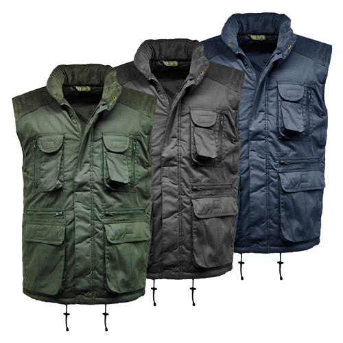 Three vests in green, black, and navy on a white background