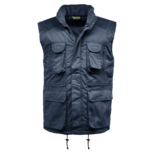Navy blue vest with multiple pockets on a white background