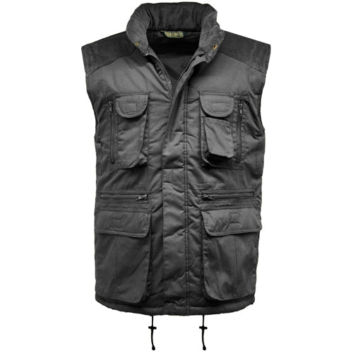 Black vest with multiple pockets on a white background