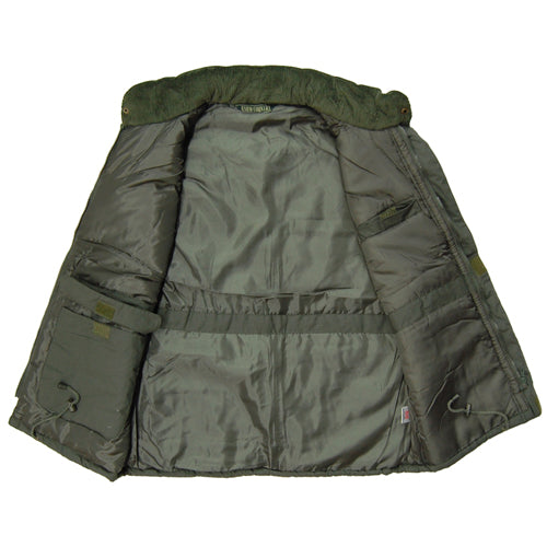 Green jacket with a hood opened up on a white background