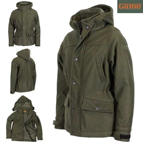 Green Kids Game HB275 Trekker Jacket with a hood displayed from multiple angles on a white background, featuring the Game brand logo.