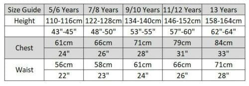 Size guide chart for children's clothing with height, chest, and waist measurements.