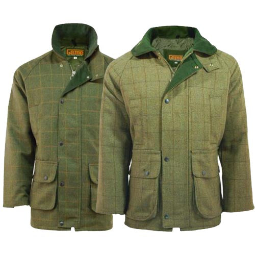 Two green Men's Game Tweed Jacket with plaid patterns on a white background