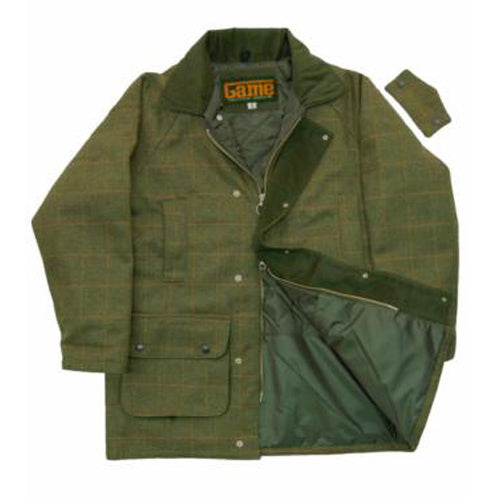 Green Men's Game Tweed Jacket with a plaid pattern on a white background