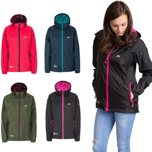 Woman wearing a black raincoat with pink accents, surrounded by raspberry red, navy blue, and moss green raincoats on a white background.