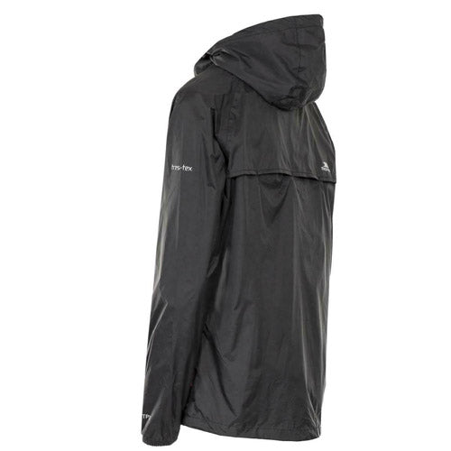 Black raincoat with a hood side view on a white background