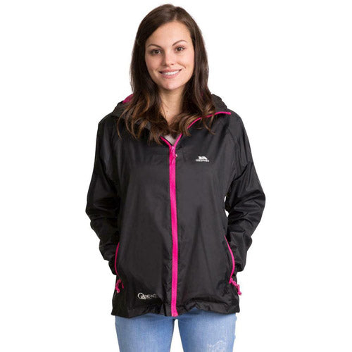 Woman wearing a black jacket with pink accents on a white background