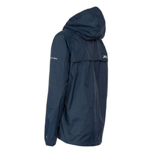 Navy blue raincoat with brand logo side view on a white background
