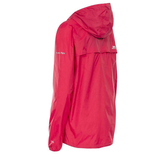 Raspberry red raincoat with a hood side view on a white background