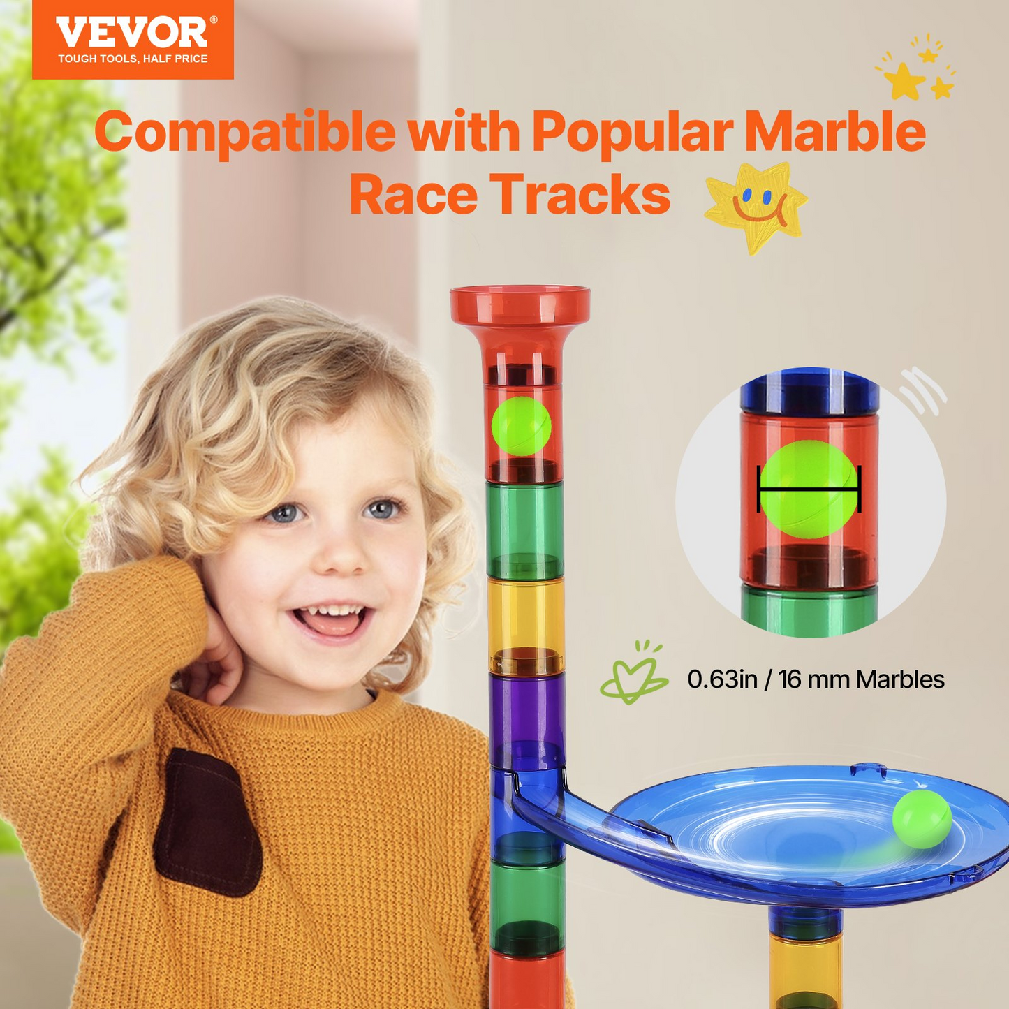 Child with a colorful marble run toy set and VEVOR branding.
