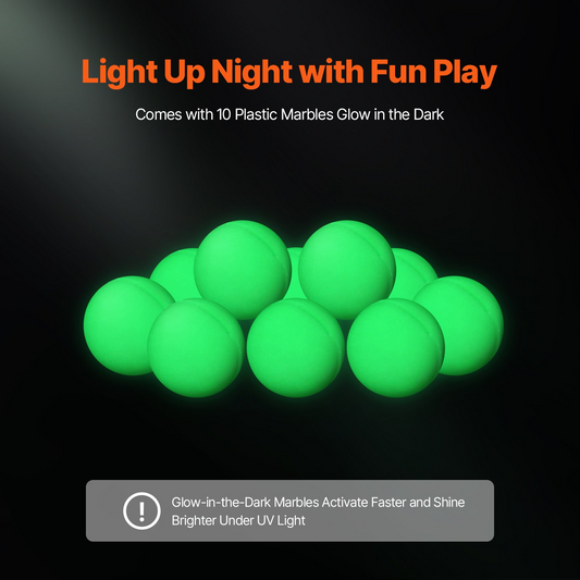 Green glow-in-the-dark marbles on a black background with promotional text.