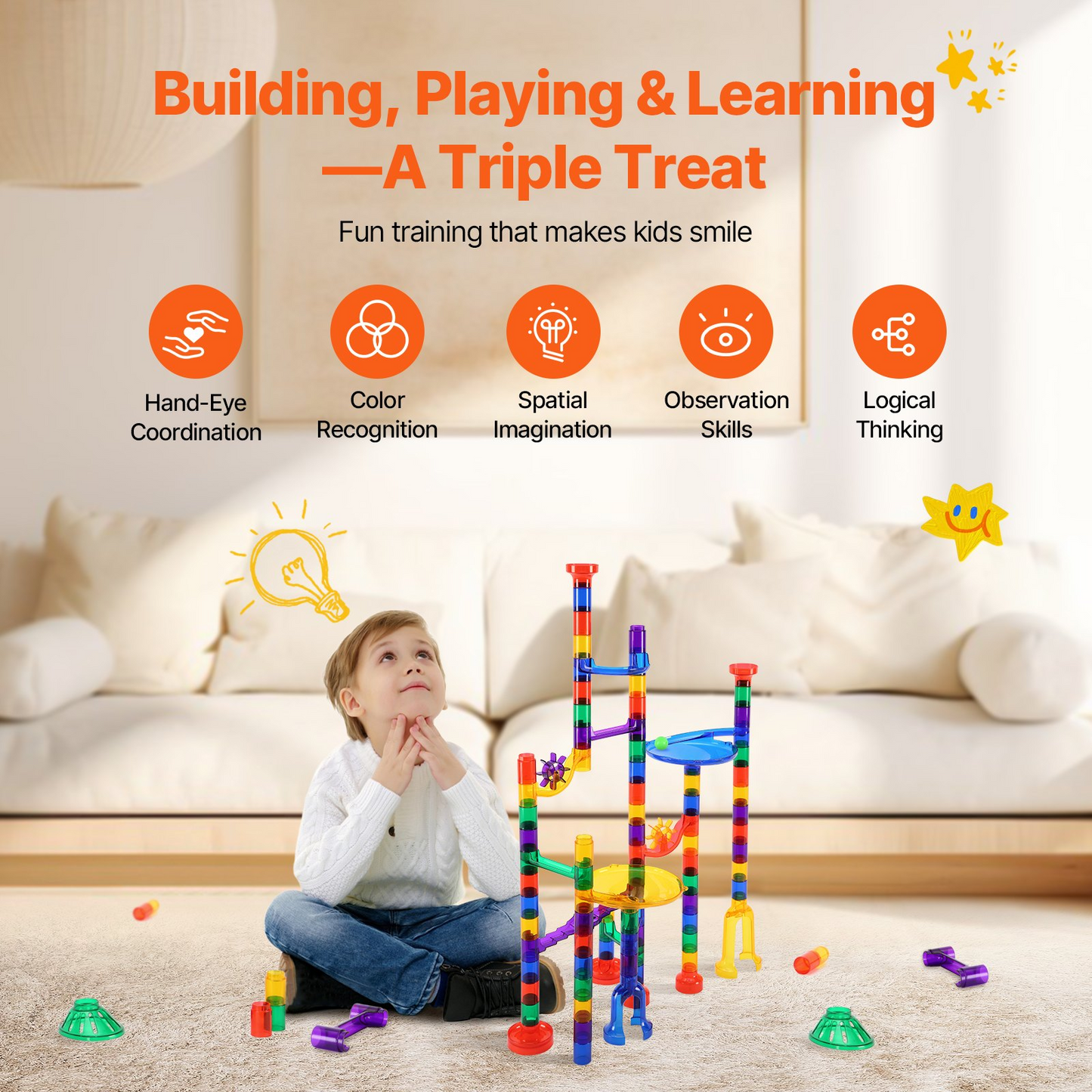 Child playing with a colorful marble run toy in a living room setting, with text about skills developed through play.