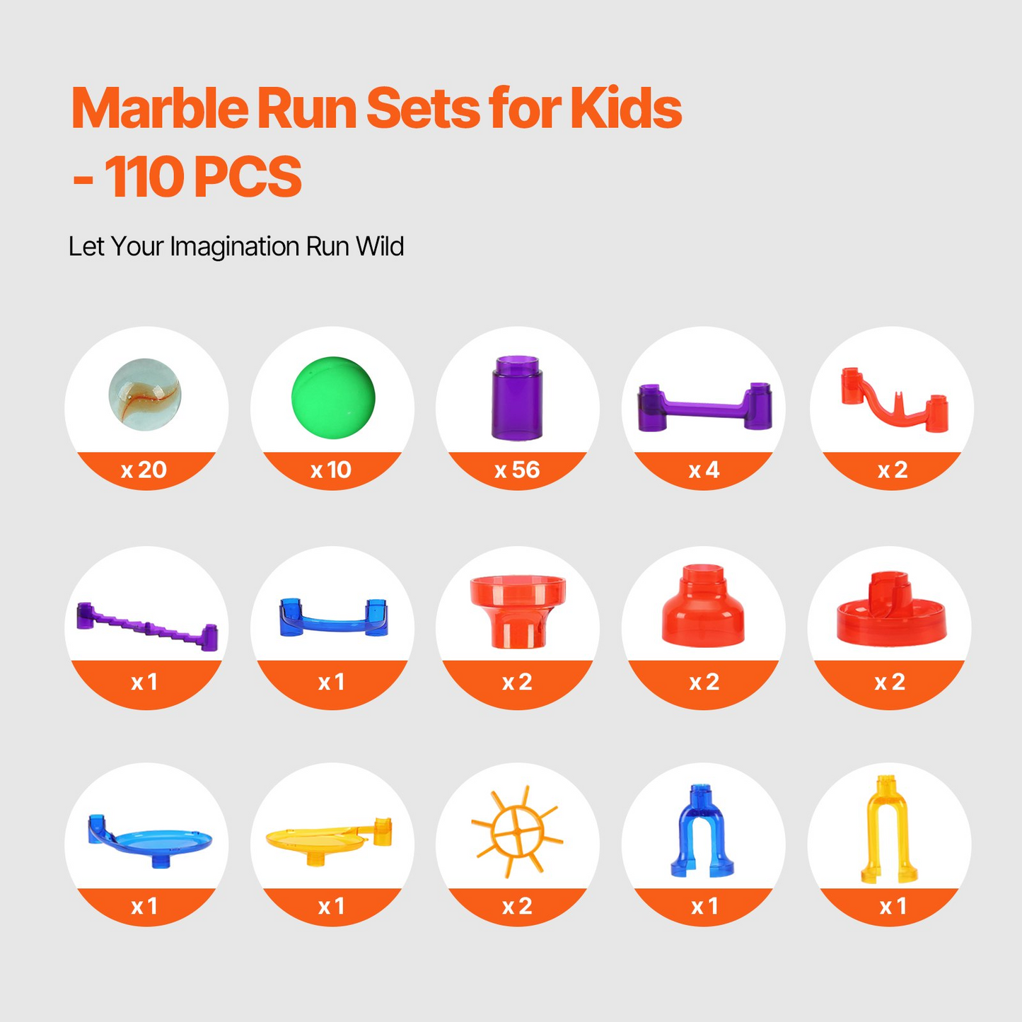Marble run sets for kids with various components on a gray background
