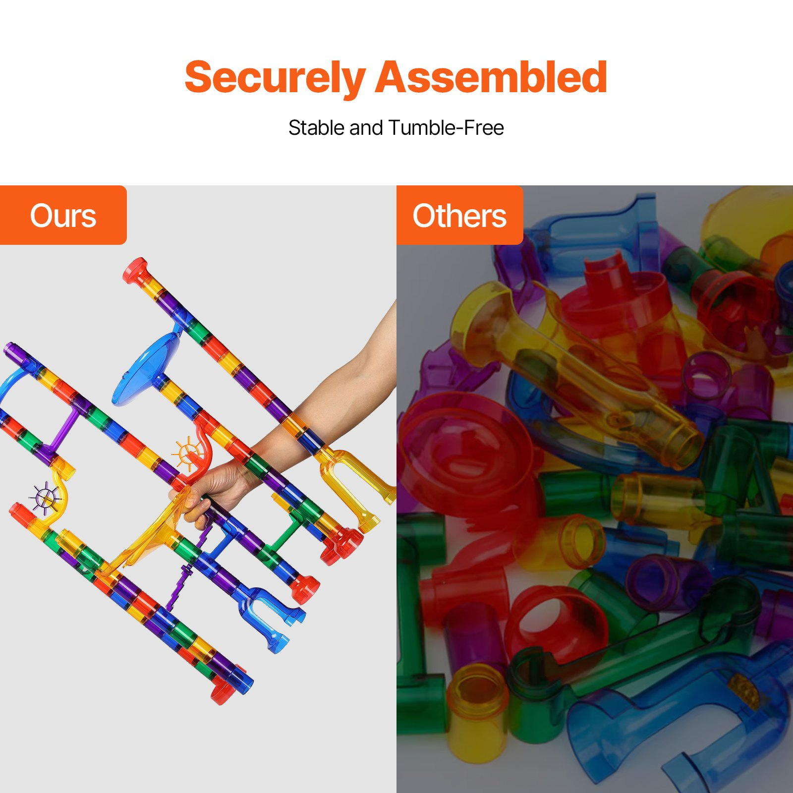 Comparison of securely assembled toy marble run system with loose parts on a white background.