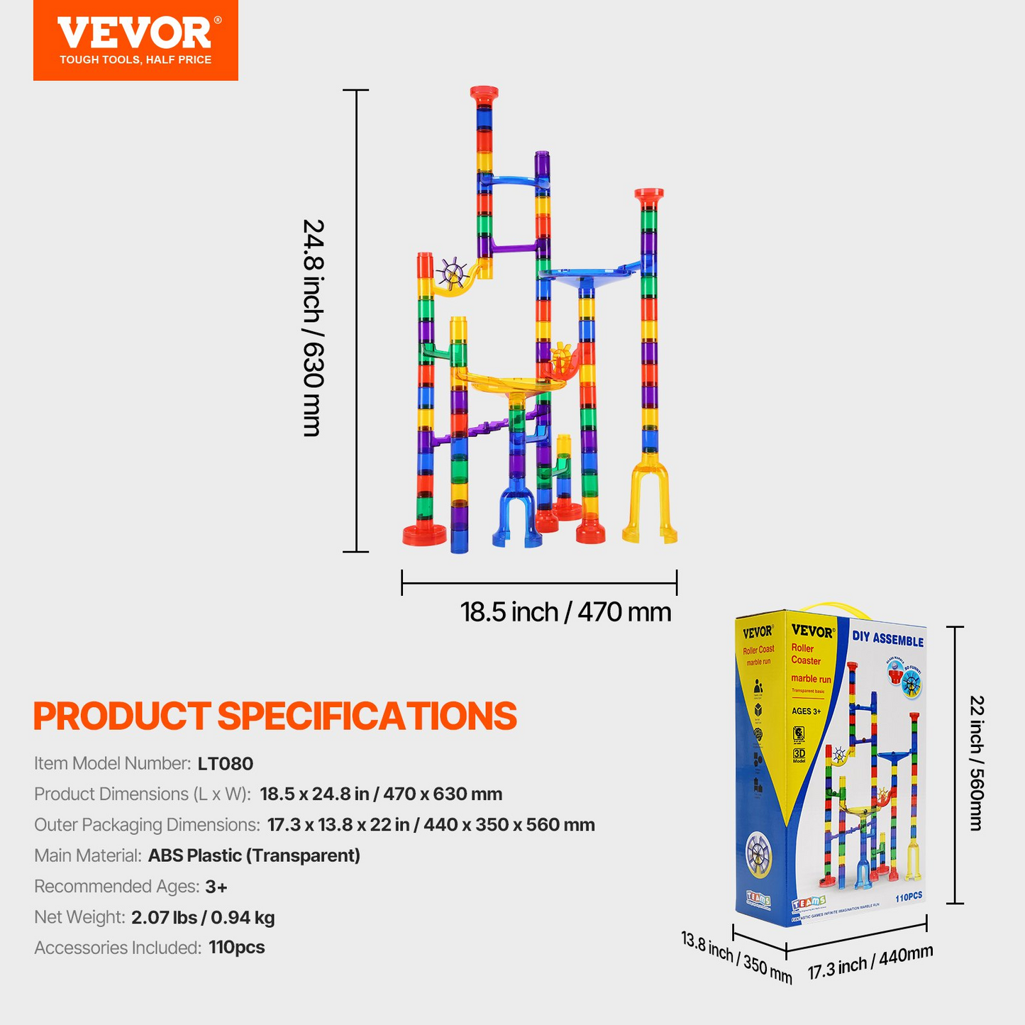 Colorful marble run toy set with VEVOR branding and product specifications on a white background.